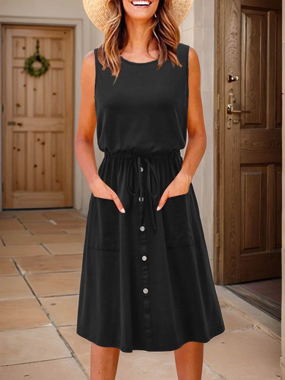 Casual Drawstring Belted Pocket Tank Midi Dress - MARIGOLD 