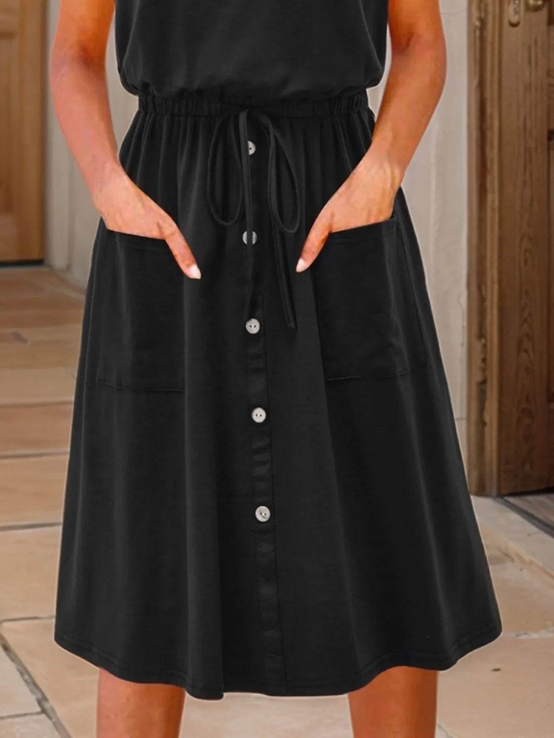 Casual Drawstring Belted Pocket Tank Midi Dress - MARIGOLD 
