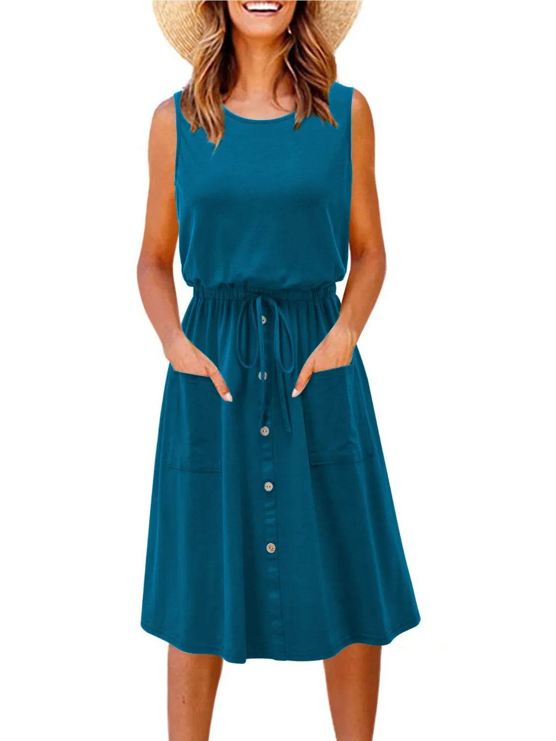 Casual Drawstring Belted Pocket Tank Midi Dress - MARIGOLD 
