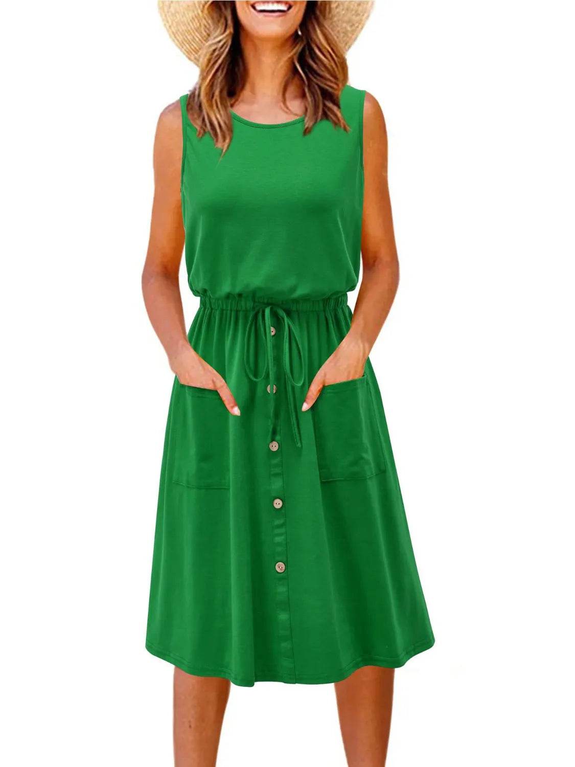 Casual Drawstring Belted Pocket Tank Midi Dress - MARIGOLD 