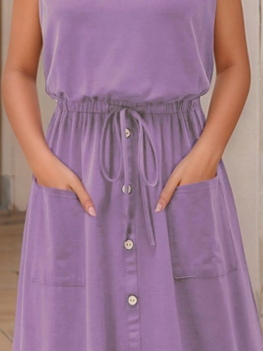 Casual Drawstring Belted Pocket Tank Midi Dress - MARIGOLD 