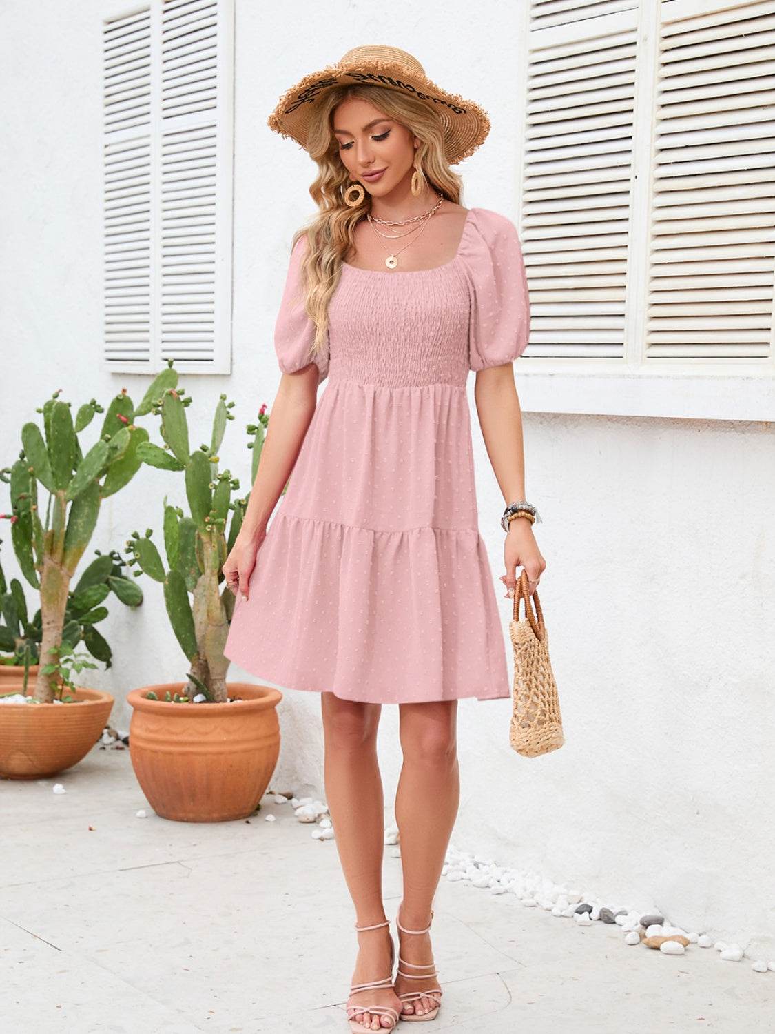 Swiss Dot Smocked Square Neck Dress - MARIGOLD 