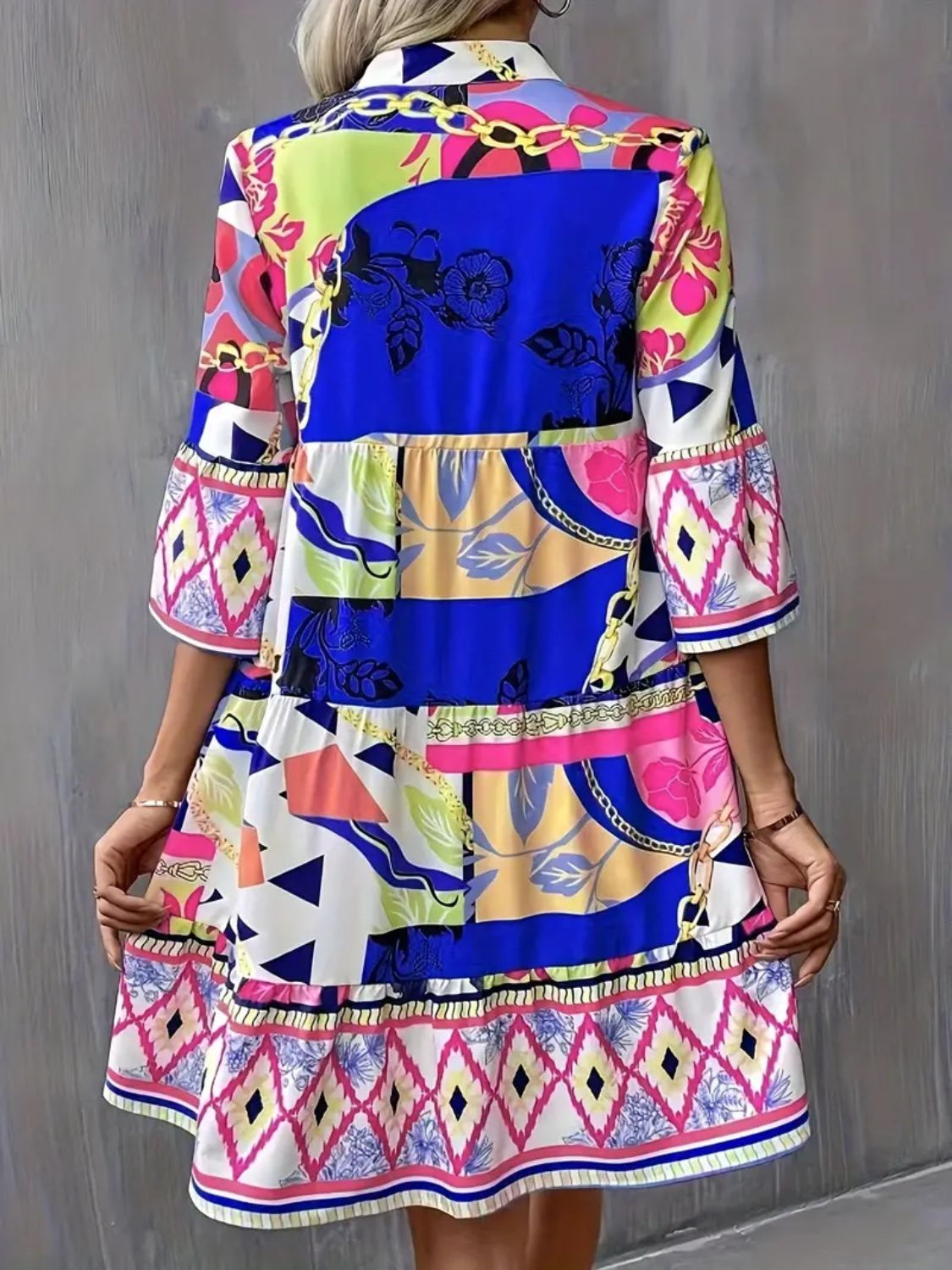 Geo Print Flare Sleeve Tiered Dress - MARIGOLD 