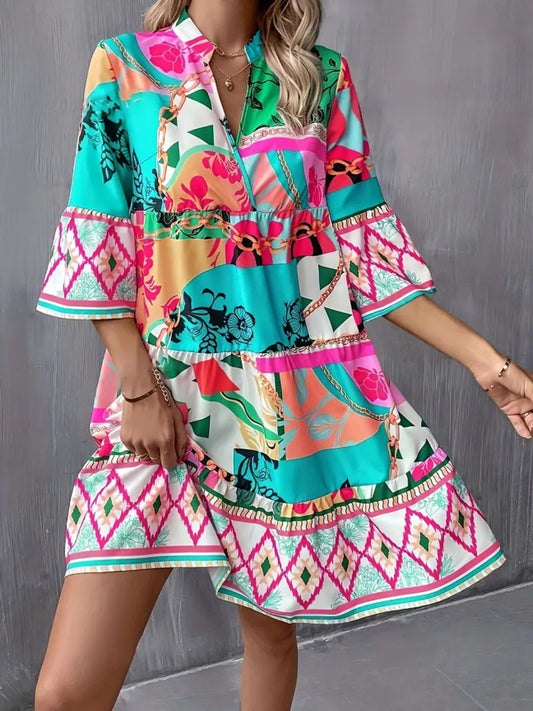 Geo Print Flare Sleeve Tiered Dress - MARIGOLD 