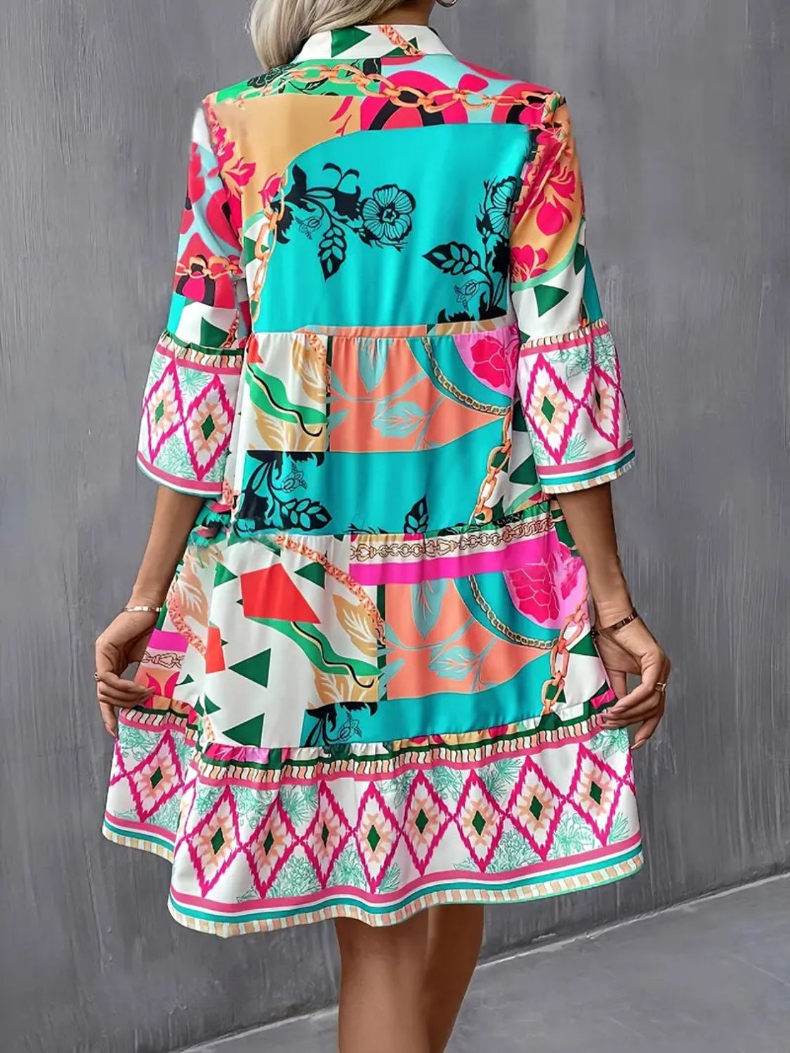 Geo Print Flare Sleeve Tiered Dress - MARIGOLD 