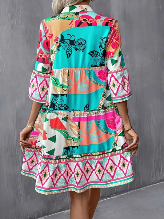 Geo Print Flare Sleeve Tiered Dress - MARIGOLD 