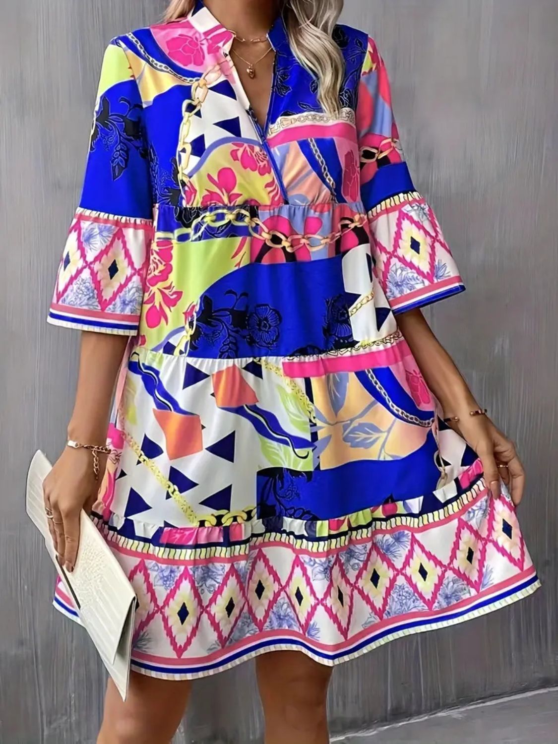 Geo Print Flare Sleeve Tiered Dress - MARIGOLD 