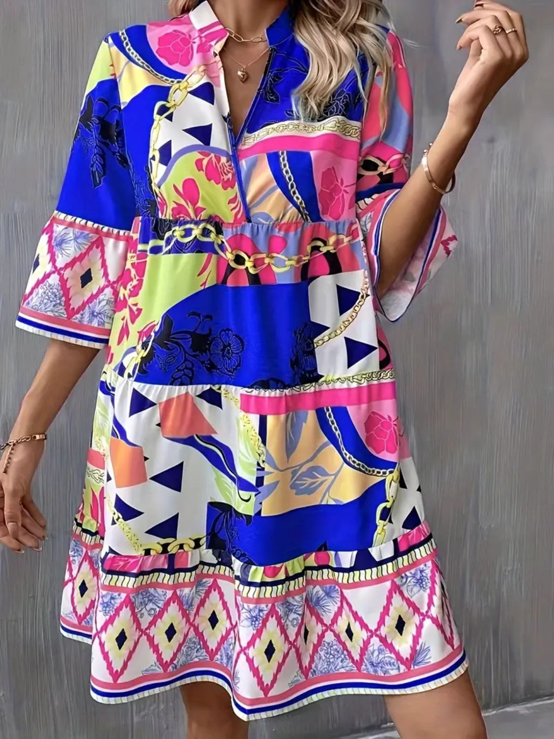 Geo Print Flare Sleeve Tiered Dress - MARIGOLD 