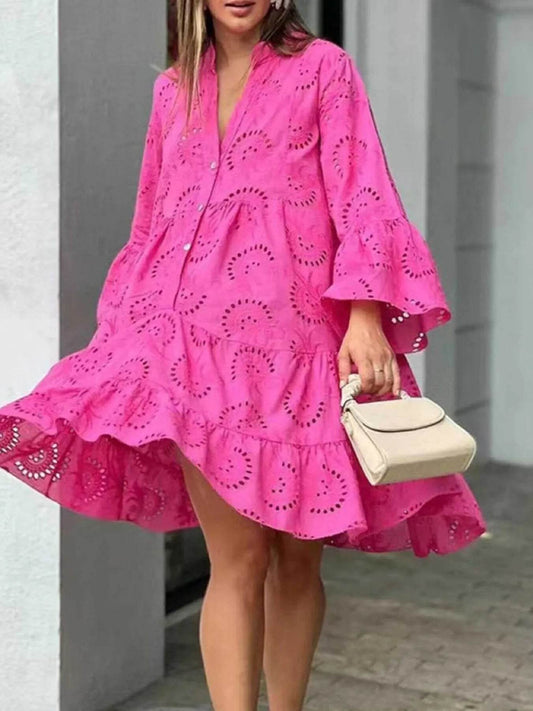 Eyelet Ruffled Hem Tiered Dress - MARIGOLD 