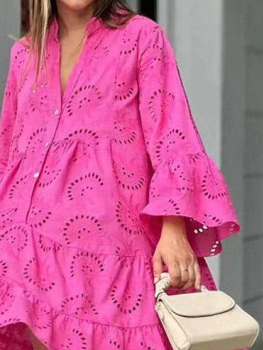 Eyelet Ruffled Hem Tiered Dress - MARIGOLD 