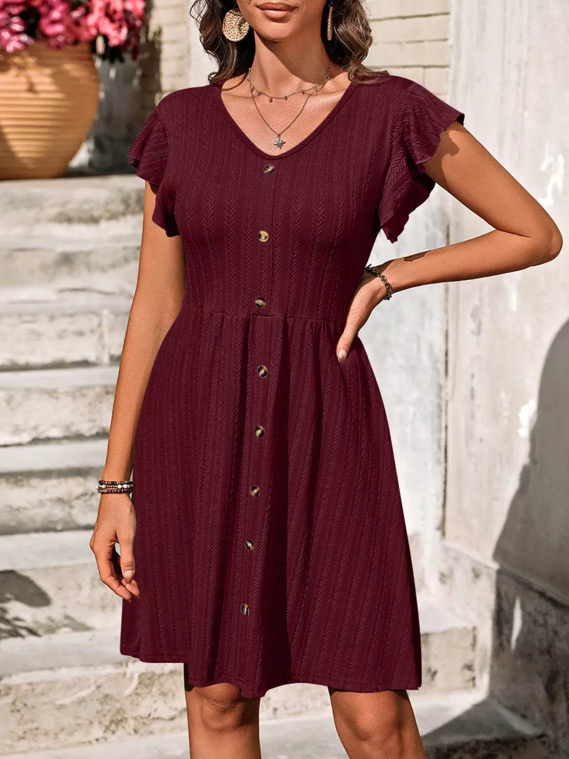 V-Neck Ruffled Cap Sleeve Dress - MARIGOLD 