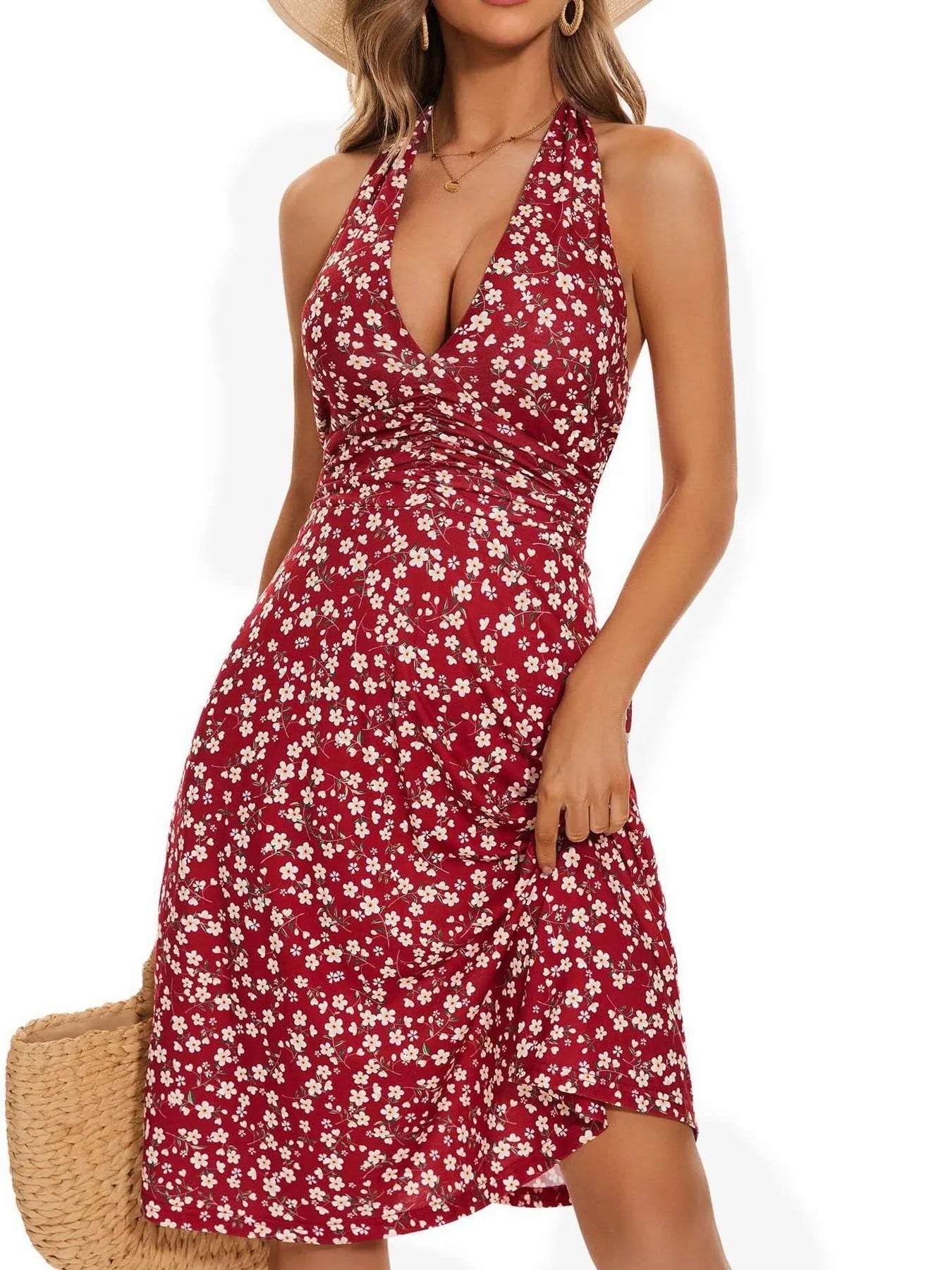Floral Print Halter Neck Dress wine red