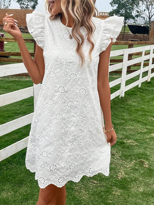 Eyelet Round Neck Ruffled Cap Sleeve Dress - MARIGOLD 