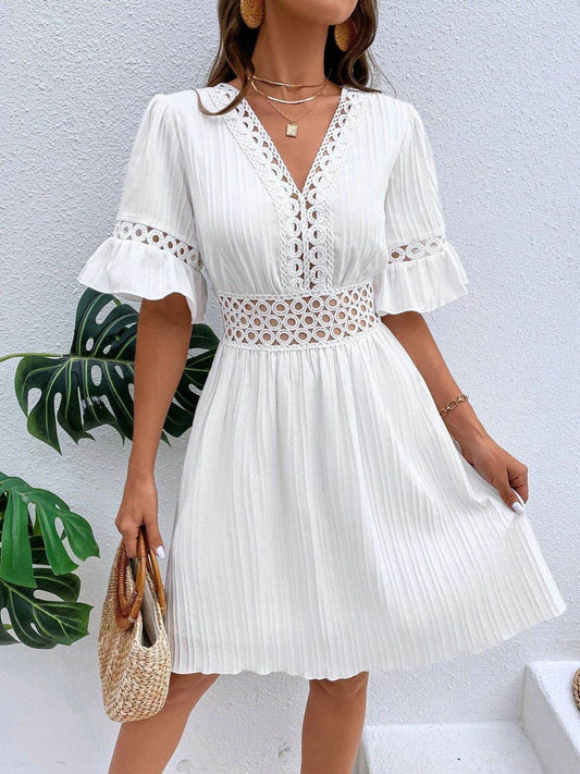 Cutout V-Neck Flounce Sleeve Mini Dress - MARIGOLD 