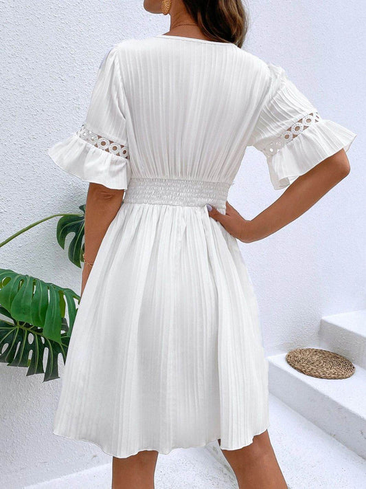 Cutout V-Neck Flounce Sleeve Mini Dress - MARIGOLD 