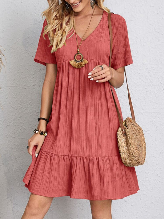 Full Size V-Neck Short Sleeve Dress - MARIGOLD 