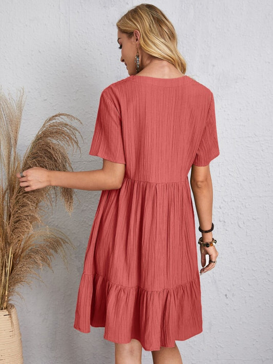 Full Size V-Neck Short Sleeve Dress - MARIGOLD 