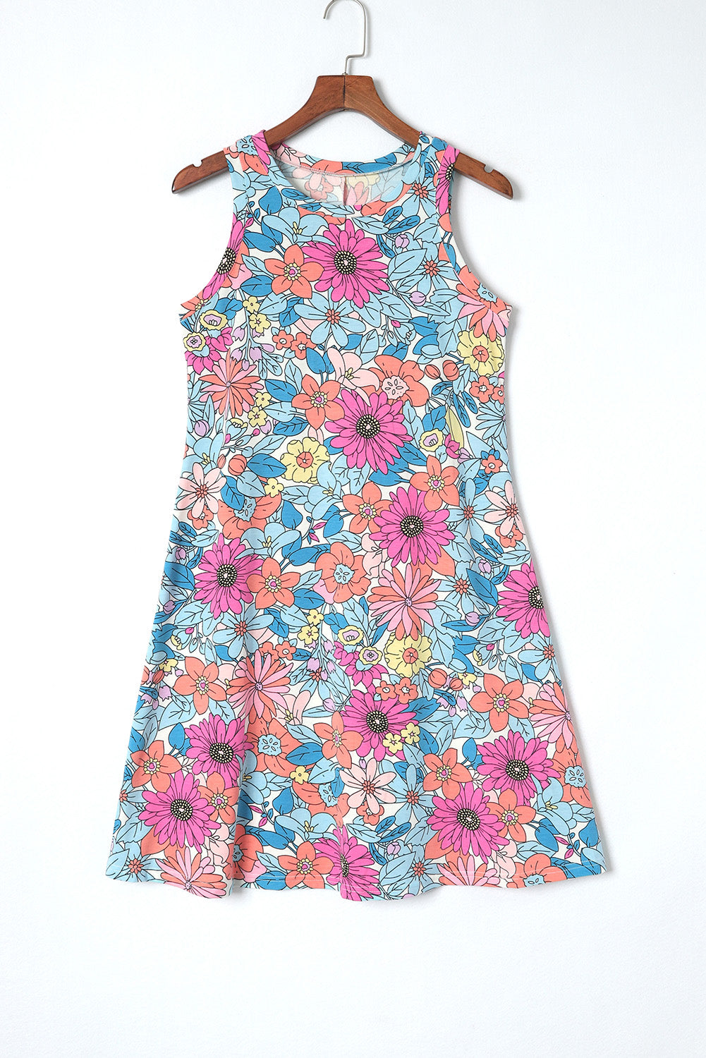 Colourful Floral Print Round Neck Sleeveless Dress - MARIGOLD 