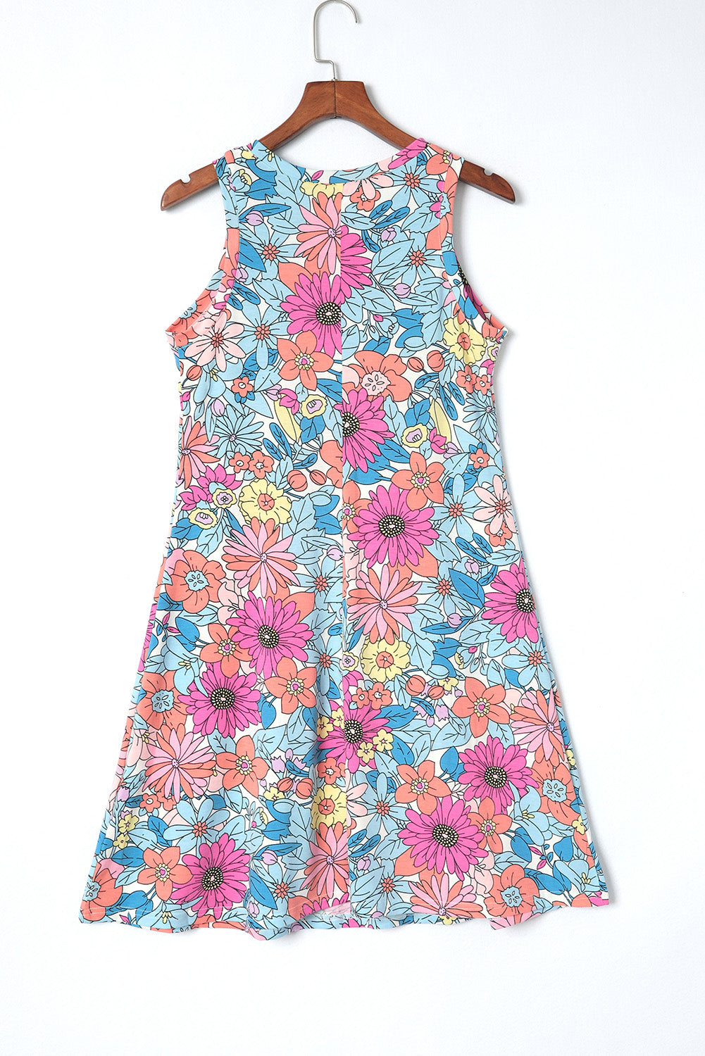 Colourful Floral Print Round Neck Sleeveless Dress - MARIGOLD 