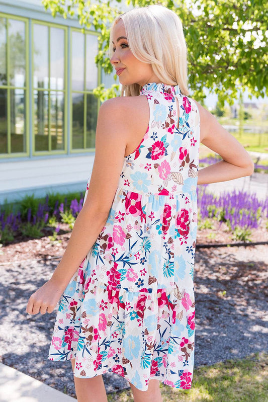 Floral Mock Neck Sleeveless Tiered Dress - MARIGOLD 