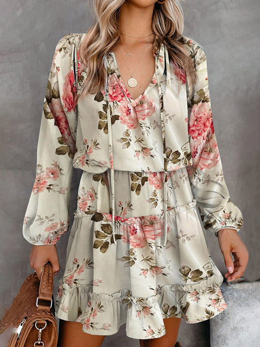 Printed Tie Neck Long Sleeve Dress - MARIGOLD 