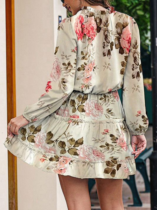 Printed Tie Neck Long Sleeve Dress - MARIGOLD 