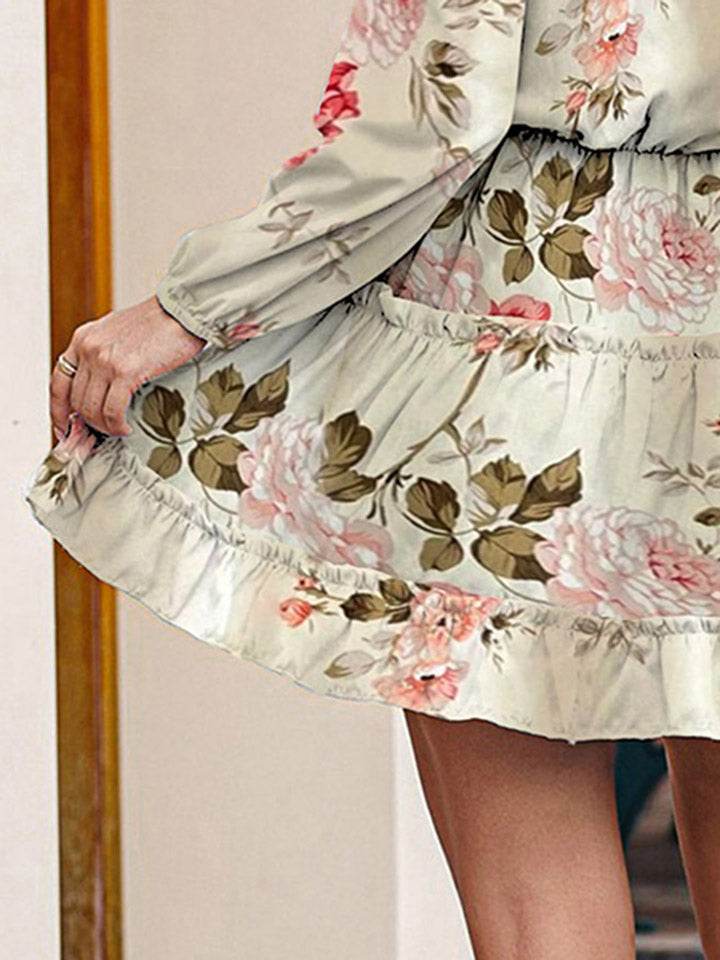Floral Print Tie Neck Long Sleeve Mini Dress - MARIGOLD 
