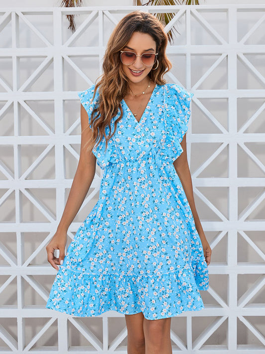 Ruffled Ditsy Floral Surplice Mini Dress - MARIGOLD 