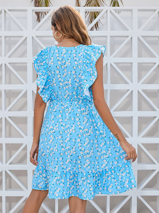Ruffled Ditsy Floral Surplice Mini Dress - MARIGOLD 