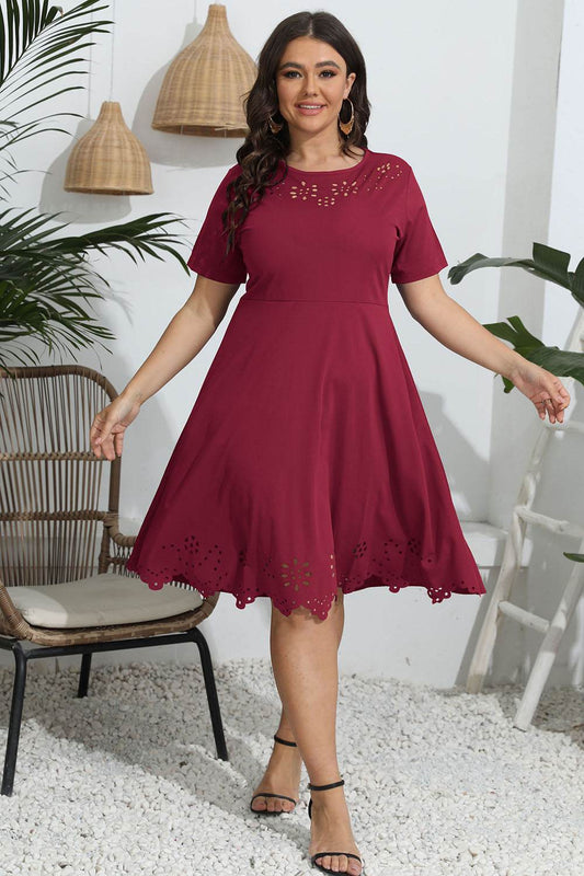 Plus Size Round Neck Openwork Dress - MARIGOLD 