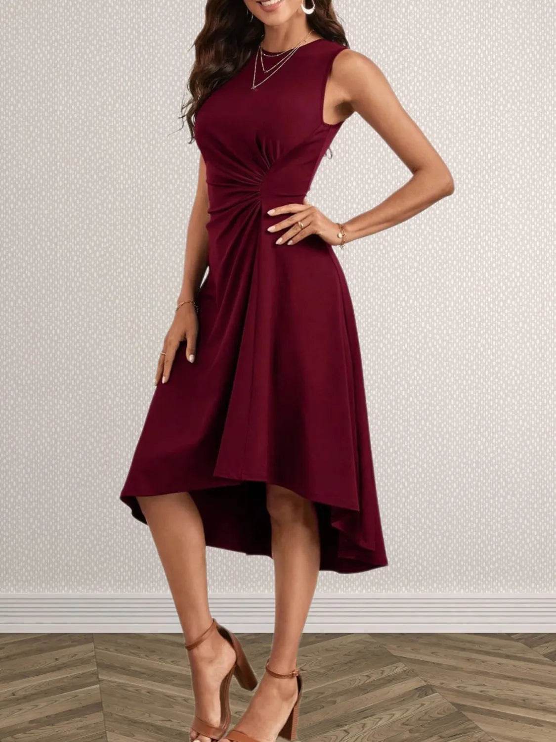 High-Low Hem Dress with Ruched Waist & Round Neck - MARIGOLD 