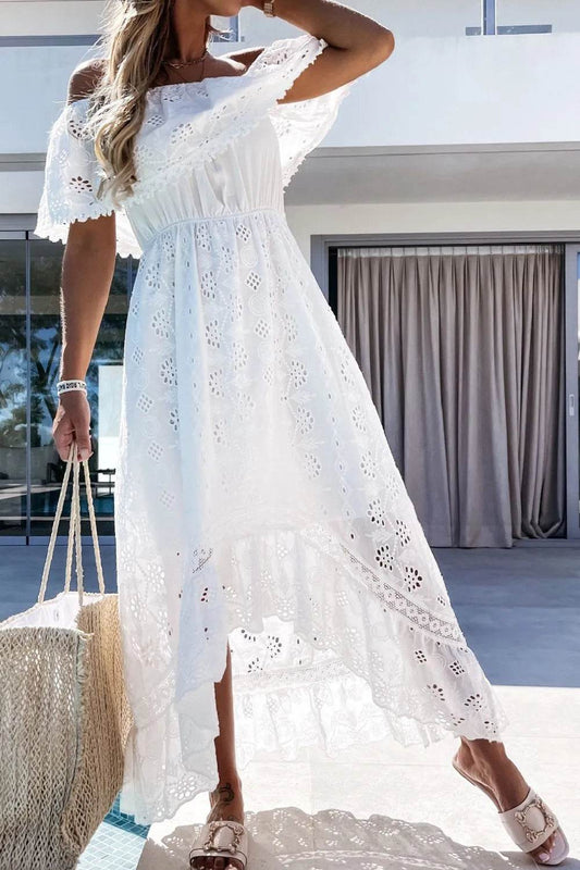 Off Shoulder Eyelet Lace High Low Dress - MARIGOLD 