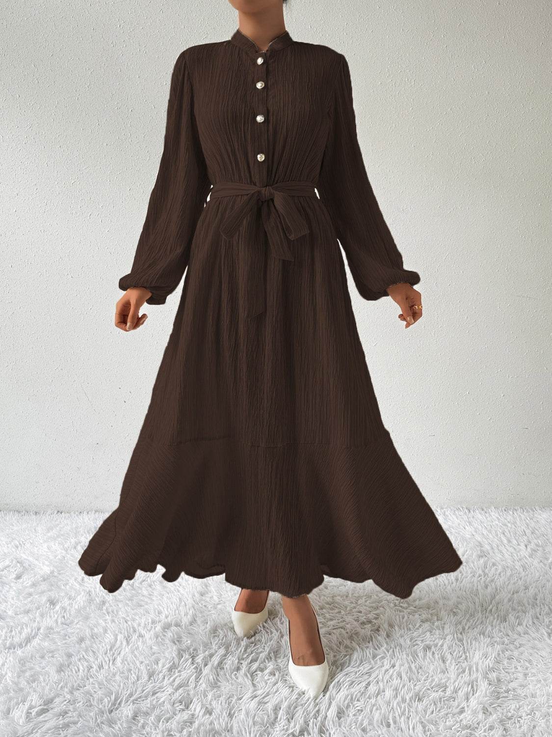 Belted Button Front Long Sleeve Maxi Dress - MARIGOLD 