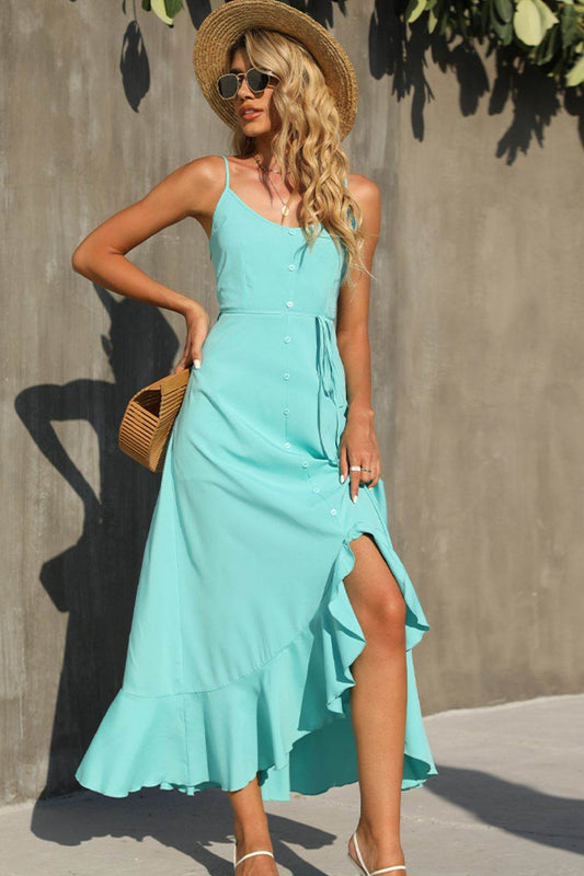Shiny Decorative Button Spaghetti Strap Ruffle Hem Dress - MARIGOLD 