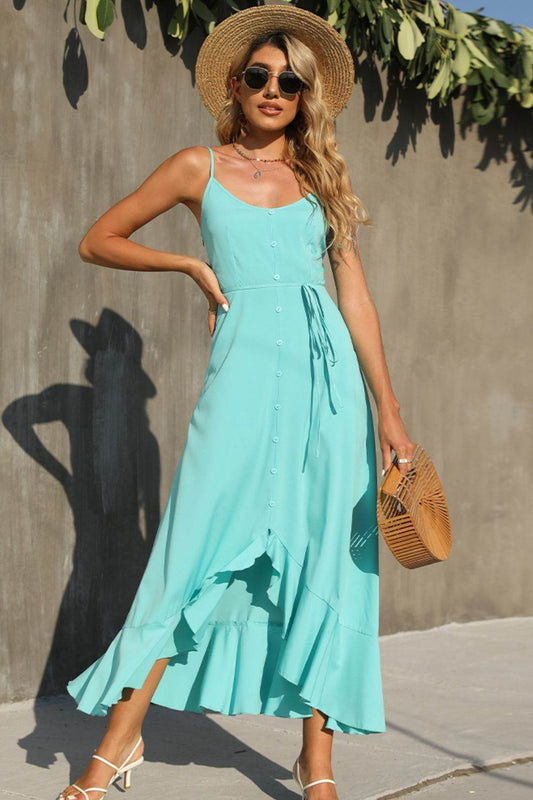 Shiny Decorative Button Spaghetti Strap Ruffle Hem Dress - MARIGOLD 