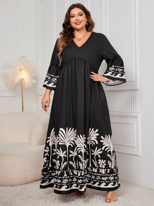 Plus Size Printed V-Neck Long Sleeve Maxi Dress - MARIGOLD 