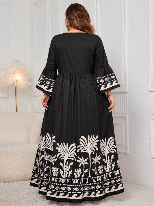 Plus Size Printed V-Neck Long Sleeve Maxi Dress - MARIGOLD 