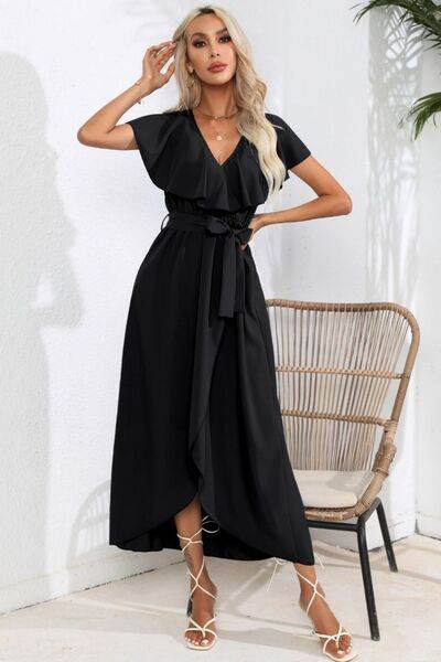Ruffled Tied V-Neck Midi Dress - MARIGOLD 