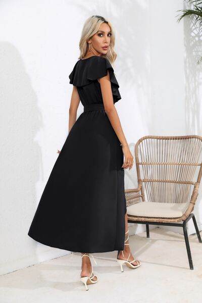 Ruffled Tied V-Neck Midi Dress - MARIGOLD 
