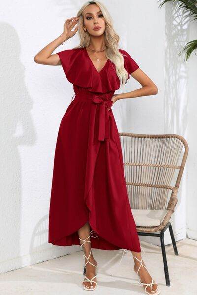 Ruffled Tied V-Neck Midi Dress - MARIGOLD 
