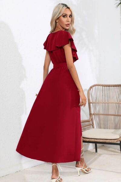 Ruffled Tied V-Neck Midi Dress - MARIGOLD 