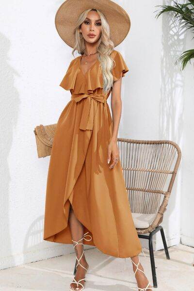 Ruffled Tied V-Neck Midi Dress - MARIGOLD 