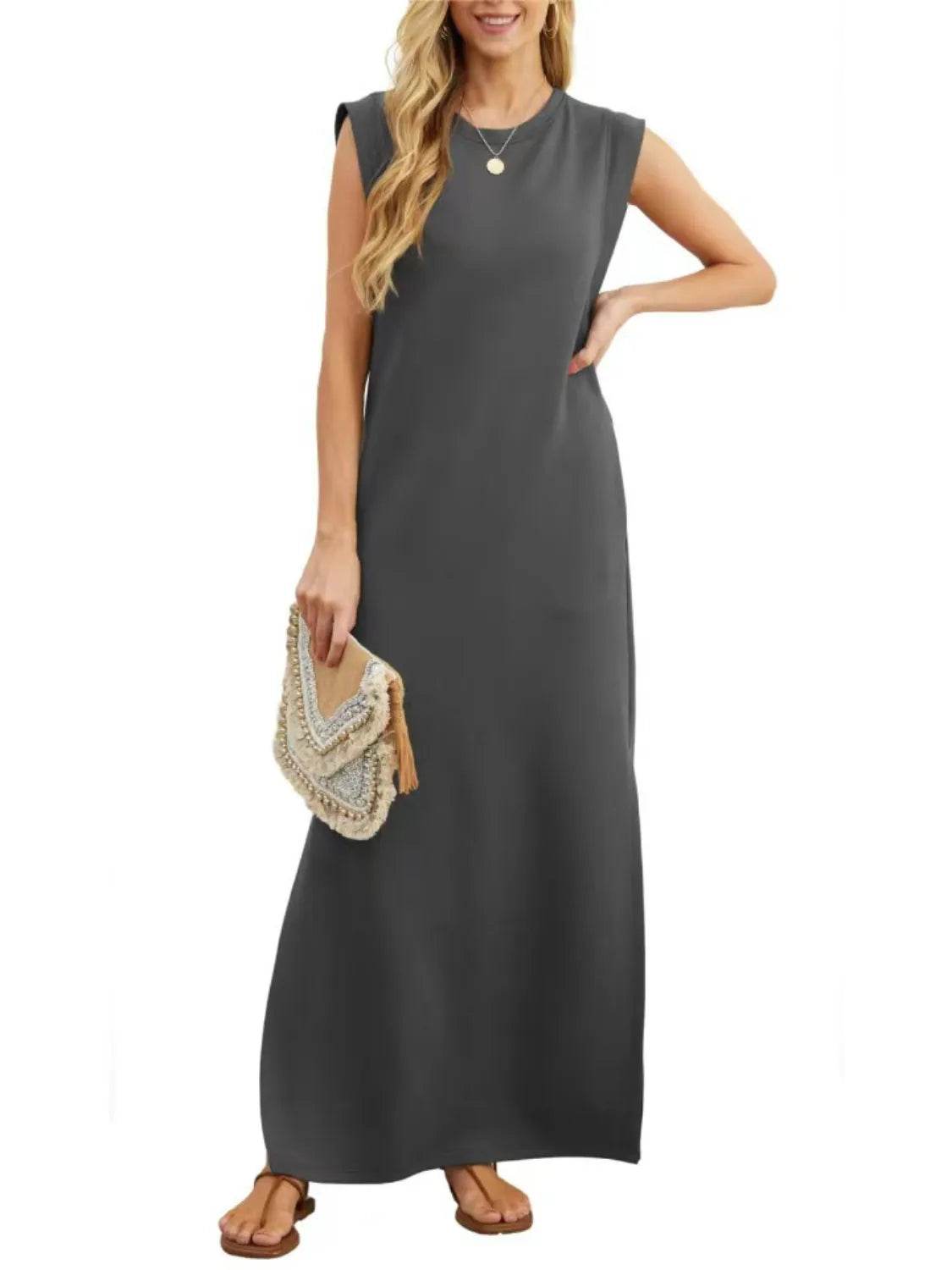 Maxi Tank Dress with Leg Slit - Round Neck & Sleeveless - MARIGOLD 