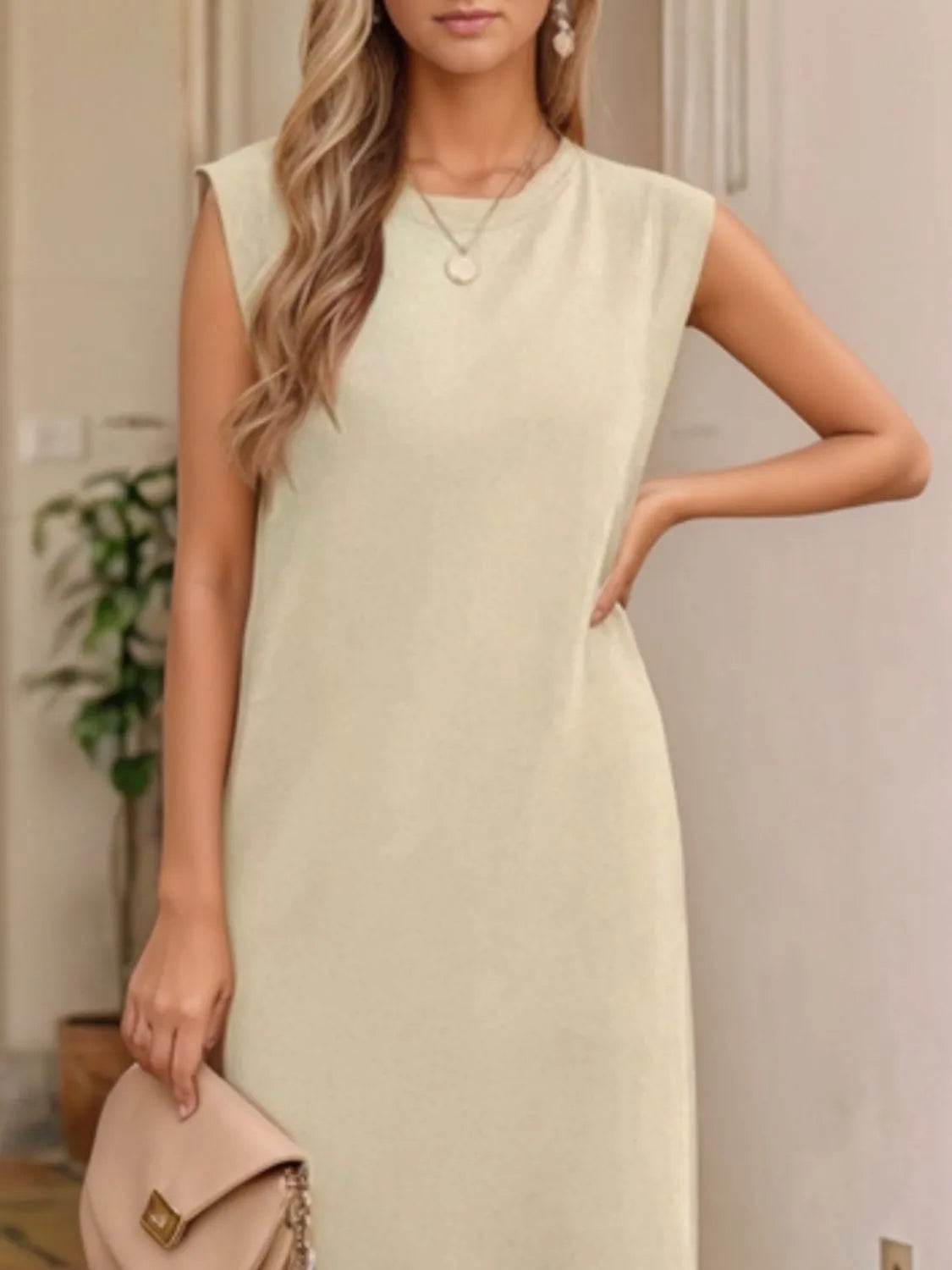 Maxi Tank Dress with Leg Slit - Round Neck & Sleeveless - MARIGOLD 