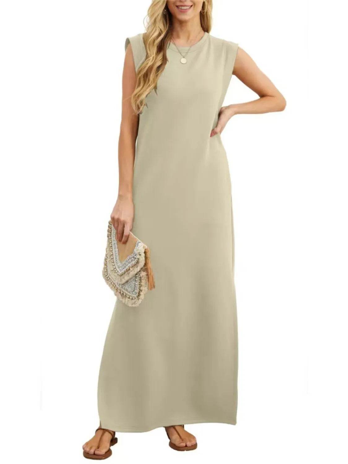 Maxi Tank Dress with Leg Slit - Round Neck & Sleeveless - MARIGOLD 