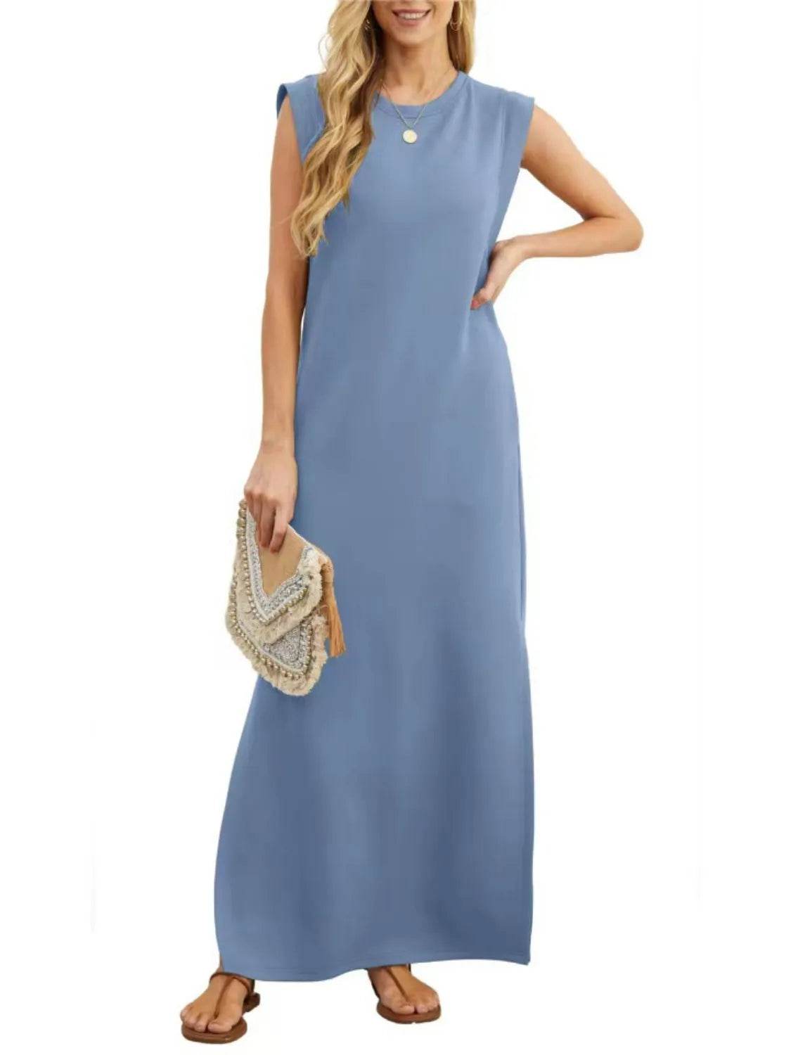 Maxi Tank Dress with Leg Slit - Round Neck & Sleeveless - MARIGOLD 