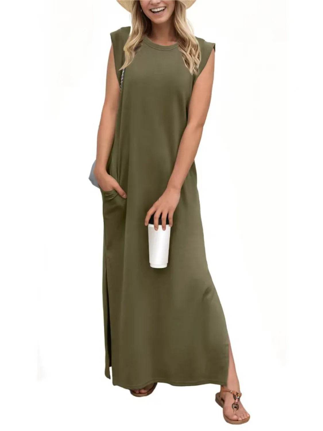 Maxi Tank Dress with Leg Slit - Round Neck & Sleeveless - MARIGOLD 