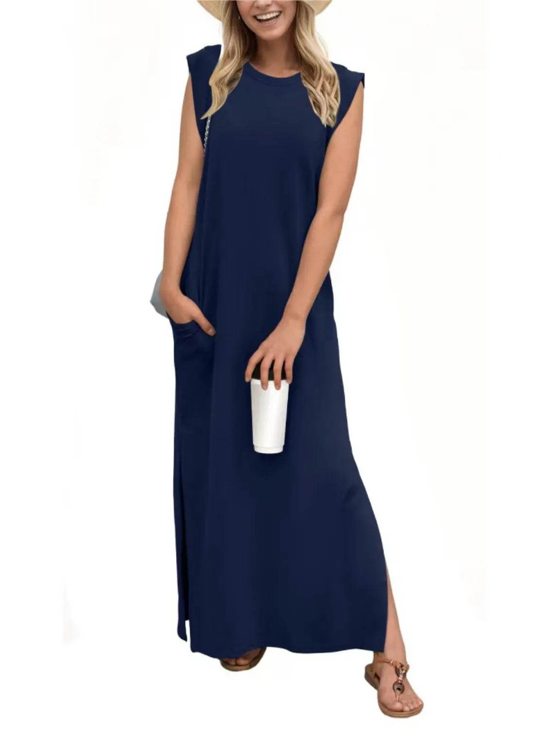 Maxi Tank Dress with Leg Slit - Round Neck & Sleeveless - MARIGOLD 