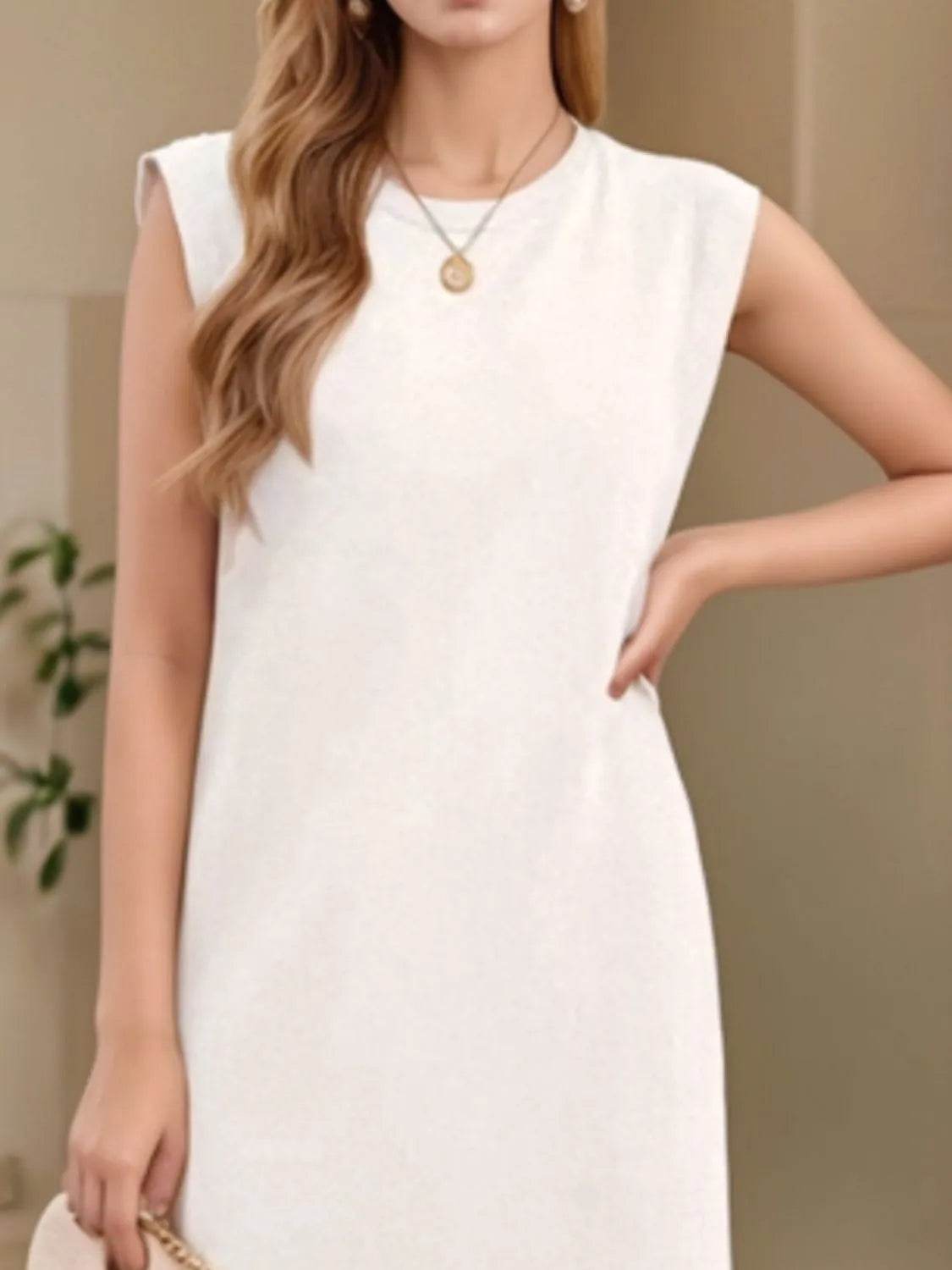 Maxi Tank Dress with Leg Slit - Round Neck & Sleeveless - MARIGOLD 