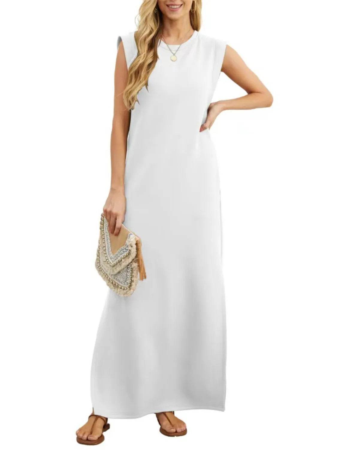 Maxi Tank Dress with Leg Slit - Round Neck & Sleeveless - MARIGOLD 
